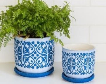 Charlotte Planter-Large with Saucer-Blue Pattern-6x5.75in