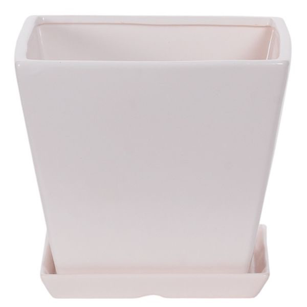 matte white planter pot Square Matte White Planter with Attached Saucer