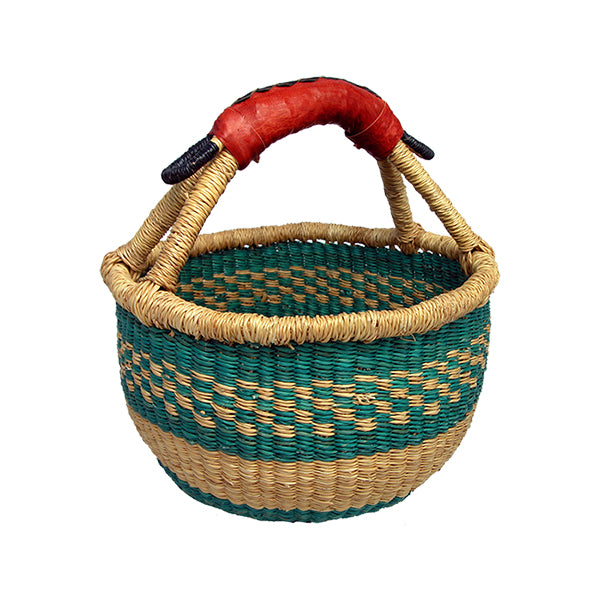 African Artisan Mini Round Market Basket w/Leather Handle