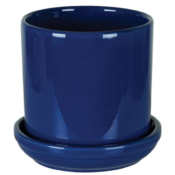 Round Cobalt Glazed Pot with Saucer - 4.75"