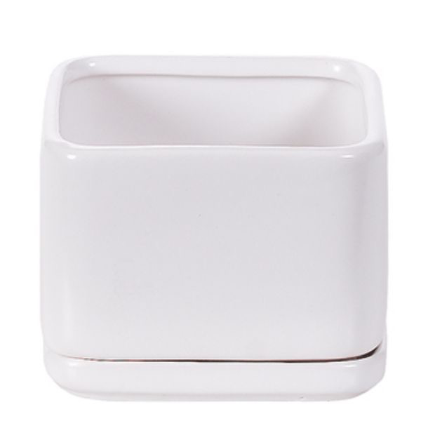 Square Matte White Planter with Saucer - 4.5x2.75 in