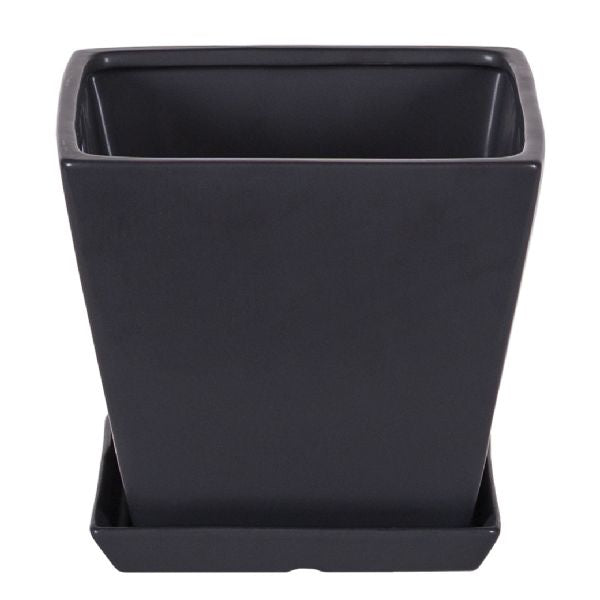 Square Matte Black Planter with Attached Saucer -7"