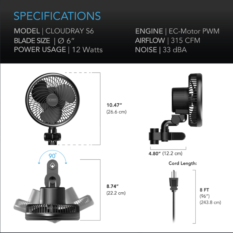 AC Infinity: Cloudray S6 Oscillating Clip Fan-10 Speed-6 in