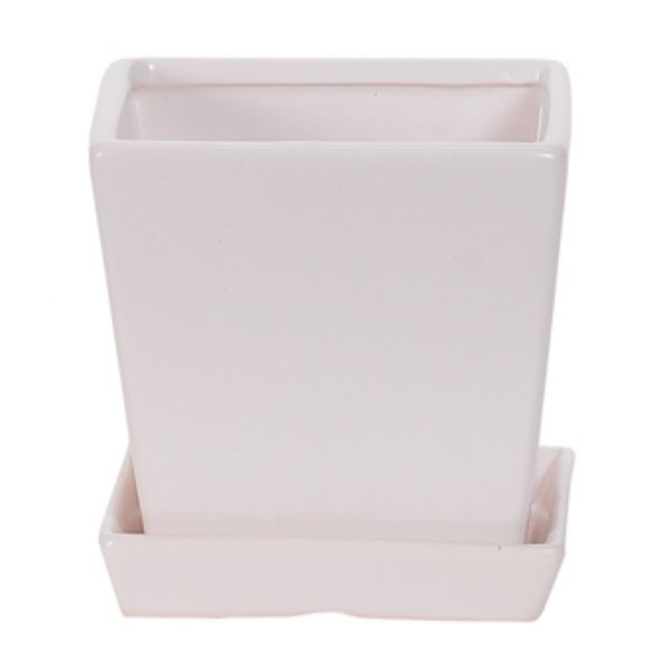 Square Matte White Planter with Attached Saucer - 4.25 in