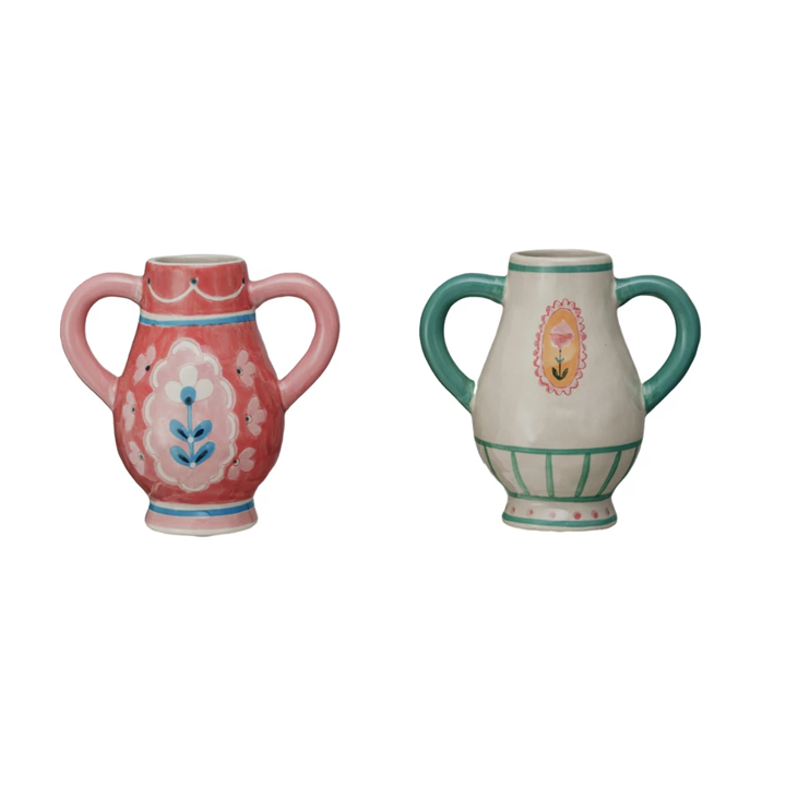 Hand-Painted Stoneware Urn w/Flower & Handles - Assorted - 6"