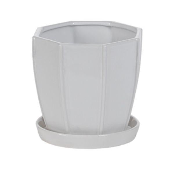 White Hexagon Pot with Attached Saucer - 6.5 in