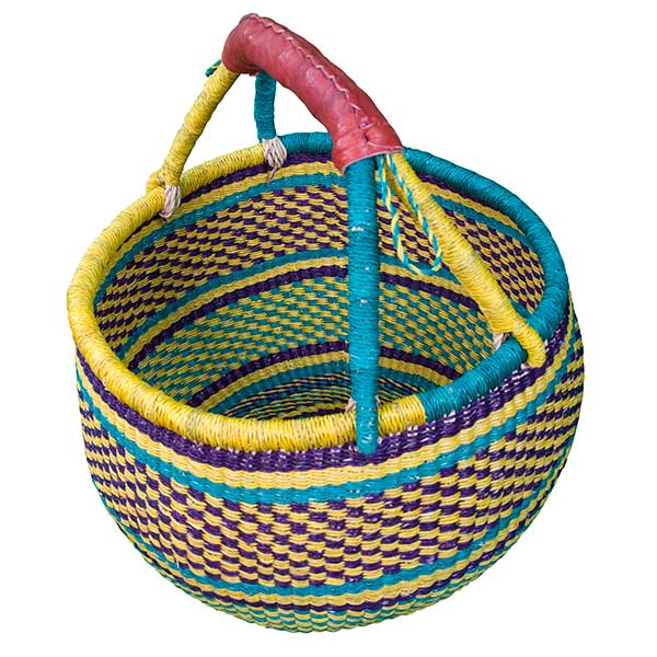 African Artisan Large Round Basket w/Leather Handle