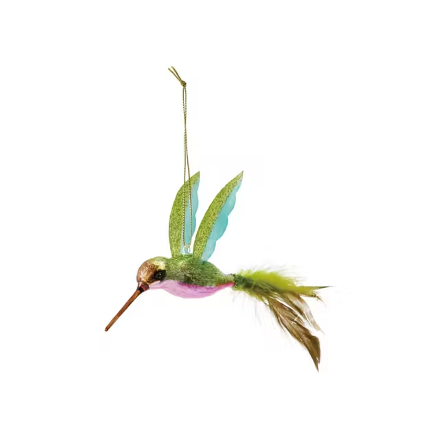 Glass Colored Hummingbird w/Feather Tail Ornament