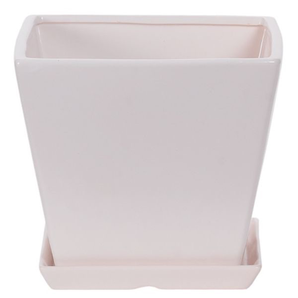 Square Matte White Planter with Attached Saucer - 7 in