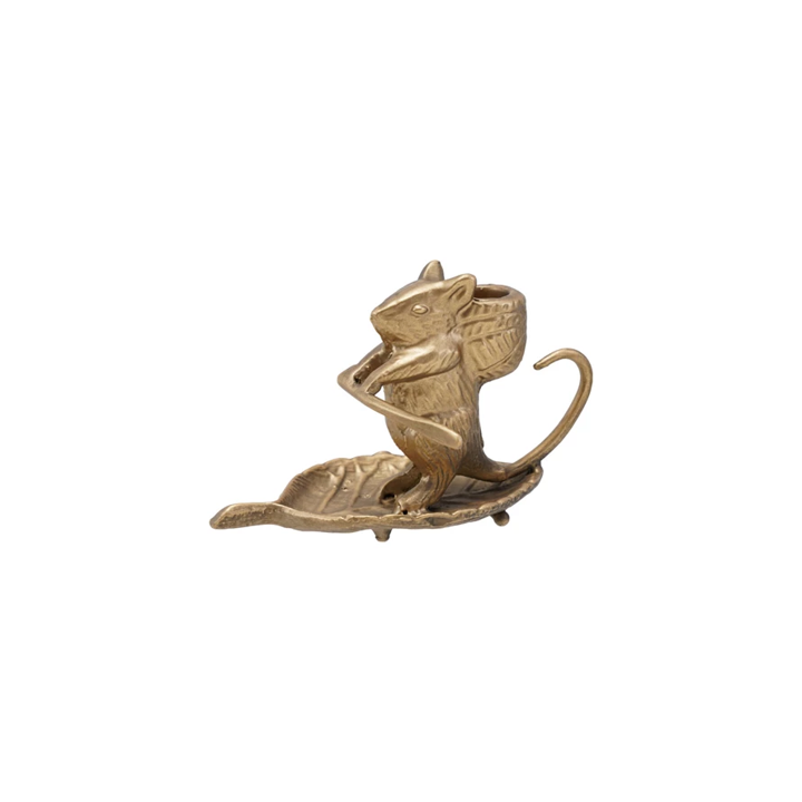 Cast Metal Taper Holder with Mouse on Leaf - 3"
