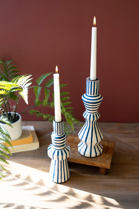 Hand-Painted Wooden Taper Candle Holders-White & Blue-9.5in