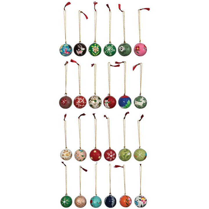 Round Hand Painted Paper Mache Ball Ornaments - Assorted