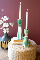 Hand-Painted Wooden Taper Candle Holders - White & Green - 10"
