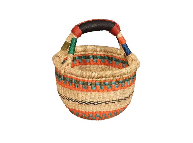 African Artisan Mini Round Market Basket w/Leather Handle