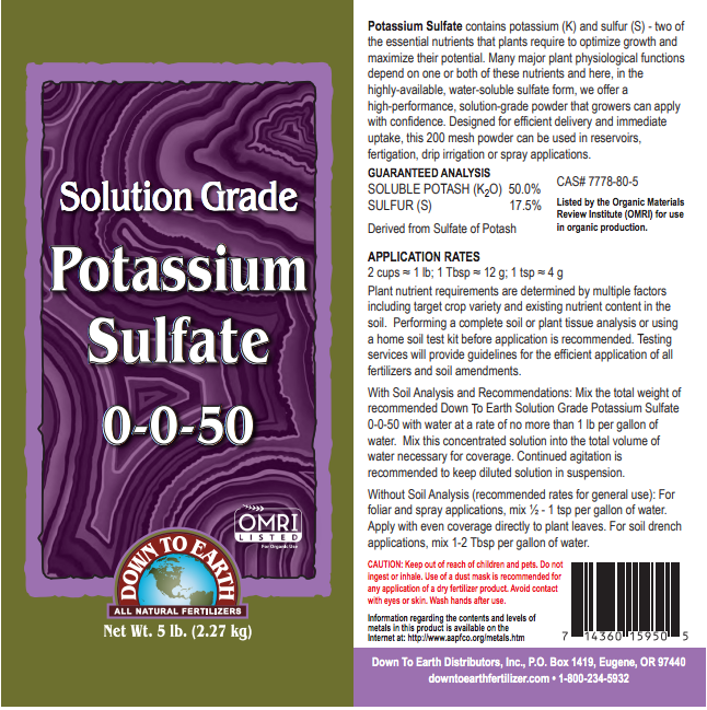 Down to Earth Organic Solution Grade Potassium Sulfate - 5 lb