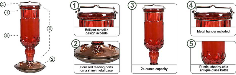 Round Antique Bottle Hummingbird Feeder-Red-24 oz