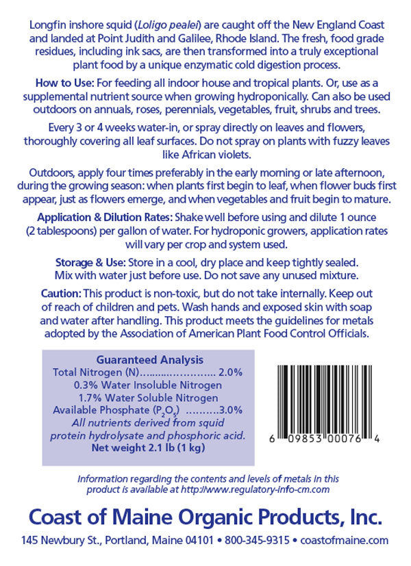 Coast of Maine Organic Liquid Squid Fertilizer for Indoor Plants - 1 quart